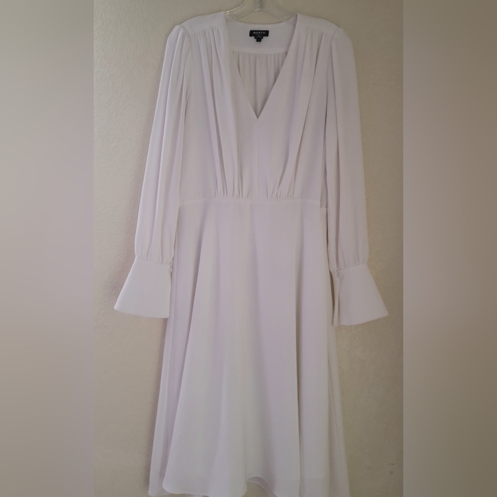 Worth New York White V-neck Draped Jersey Midi Dress Size 8 A-line Long Sleeve